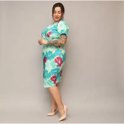 Dámské šaty po kolena PLUS SIZE MODA742 zeleno-fuksové