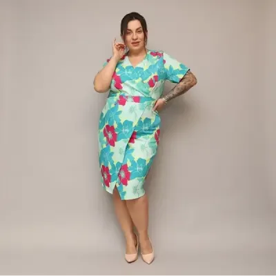 Dámské šaty po kolena PLUS SIZE MODA742 zeleno-fuksové