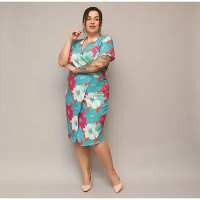 Dámské šaty po kolena PLUS SIZE MODA742 zeleno-pomerančové