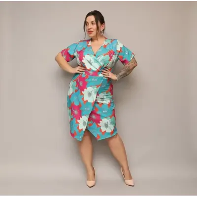 Dámské šaty po kolena PLUS SIZE MODA742 zeleno-pomerančové