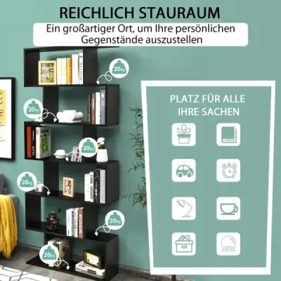 Stojící regál 6 úrovní S-tvar knižního regálu úložný regál výběr barvy dřeva - hnědá