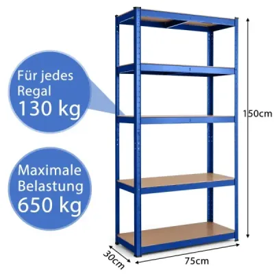 Úložný regál 5 úrovní s kovovým rámem, kovový regál, nosnost do 650 kg, 75 x 30 x 150 cm, modrá