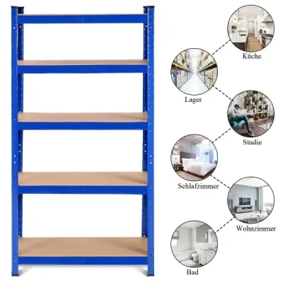 Úložný regál 5 úrovní s kovovým rámem, kovový regál, nosnost do 650 kg, 75 x 30 x 150 cm, modrá