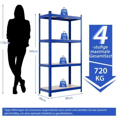 Úložný regál 4 s kovovým rámem, těžký regál, nosnost až 720 kg, kovový regál, modrý
