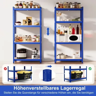Úložný regál 4 s kovovým rámem, těžký regál, nosnost až 720 kg, kovový regál, modrý