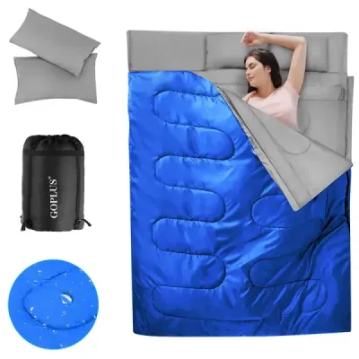 Goplus dvojitý spací pytel 2 osoby XL dekový spací pytel Spací pytel se 2 polštáři černý/modrý 220 x150 cm-modrý