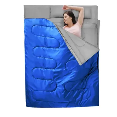 Goplus dvojitý spací pytel 2 osoby XL dekový spací pytel Spací pytel se 2 polštáři černý/modrý 220 x150 cm-modrý