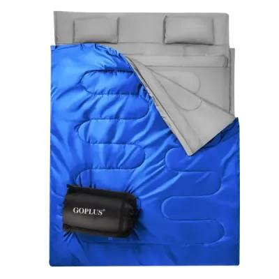 Goplus dvojitý spací pytel 2 osoby XL dekový spací pytel Spací pytel se 2 polštáři černý/modrý 220 x150 cm-modrý