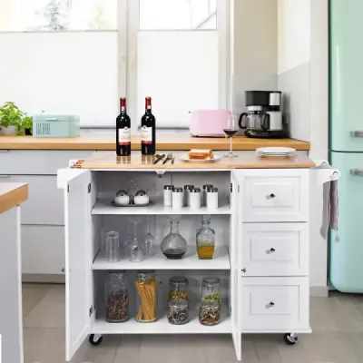 Rolovací kuchyňský vozík se sklopnou pracovní plochou kuchyňský ostrůvek 136 x 76 x 91 cm bílý