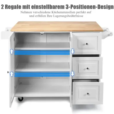 Rolovací kuchyňský vozík se sklopnou pracovní plochou kuchyňský ostrůvek 136 x 76 x 91 cm bílý