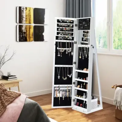 Velká a uzamykatelná skříňka na šperky 2 v 1 se zrcadlem po celé délce Volně stojící stojan na šperky Bílá