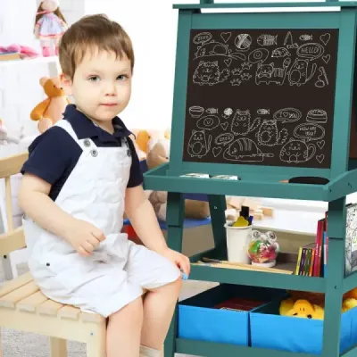 Dětský stojan 3 v 1 Dětská tabule Oboustranná tabule a tabule a papír na kreslení 59 x 50 x 117 cm Modrá