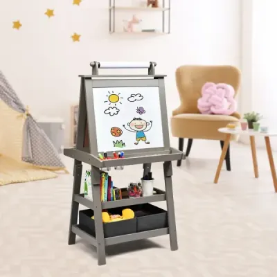 Dětský stojan 3 v 1 Dětská tabule Oboustranná tabule a tabule a papír na kreslení pro batolata šedý