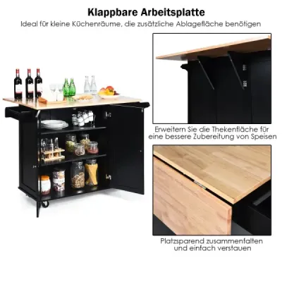 Pojízdný kuchyňský ostrůvek se sklopnou pracovní plochou kuchyňský ostrůvek 136 x 76 x 91 cm černý