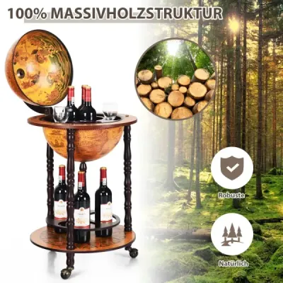 Pojízdný stojan na víno Globe Bar na kolečkách na víno 47 x 47 x 90 cm hnědý