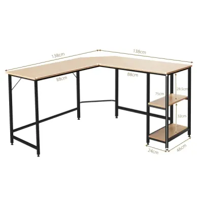 Psací stůl ve tvaru L Domácí kancelářský stůl se 2 policemi 138 x 60 x 75 cm Přírodní