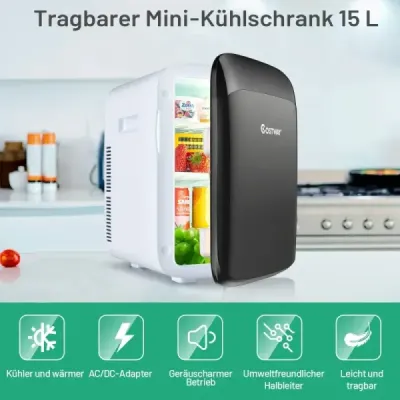 15 l mini chladnička 2 v 1 s funkcí chlazení a ohřevu Přenosný mrazák 27 x 33 x 38 cm Bílá + černá Energetická třída E