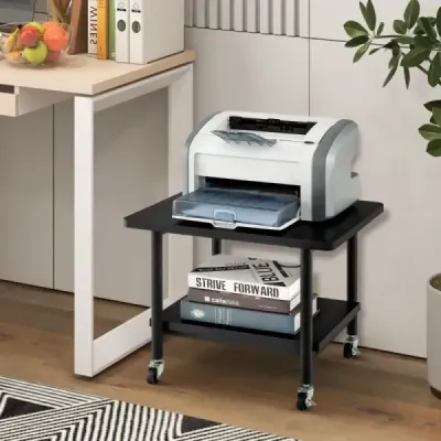 Stůl na tiskárnu se 2 úrovněmi a uzamykatelnými kolečky Stojan na tiskárnu Vozík na tiskárnu černý