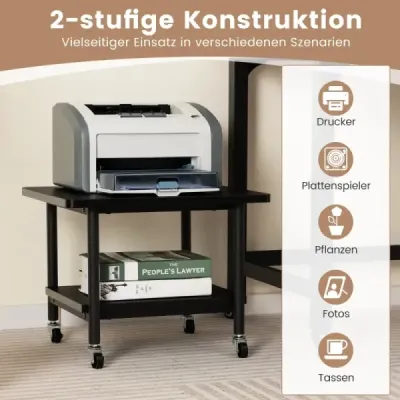 Stůl na tiskárnu se 2 úrovněmi a uzamykatelnými kolečky Stojan na tiskárnu Vozík na tiskárnu černý