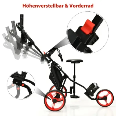 3-kolový golfový vozík nastavitelný lehký golfový vozík 129,5 x 75 x 101,5-119,5 cm červený + černý