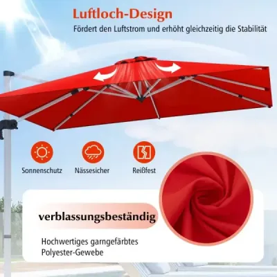 Terasový slunečník s křížovou základnou a 360° rotací pro zahradu a bazén 300 x 300 x 261 cm bordó