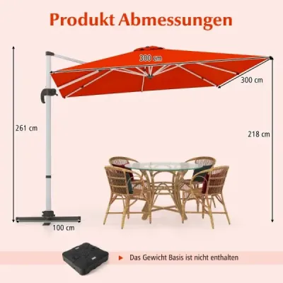 Terasový slunečník s křížovou základnou a 360° rotací pro zahradu a bazén 300 x 300 x 261 cm bordó