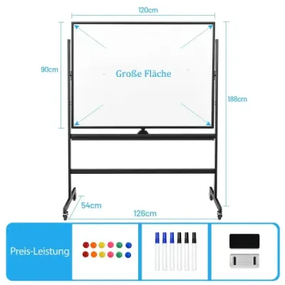 Mobilní magnetická velká oboustranná tabule otočná o 360° 90 x 120 cm černá + bílá