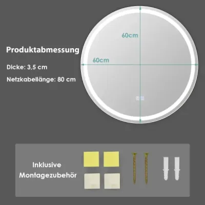 Kulaté koupelnové zrcadlo LED pro montáž na zeď 3000 K-6000 K ? 60 cm