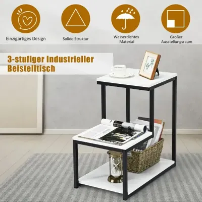 3-úrovňový příruční stolek Průmyslový noční stolek do obývacího pokoje 60 x 35 x 59,5 cm bílý