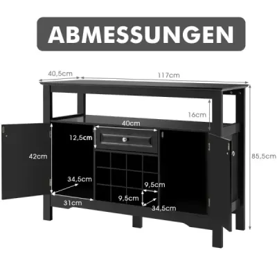 Moderní jídelní bufet s regálem na víno, skříňkami a šuplíkem 117 x 40,5 x 82,5 cm černý
