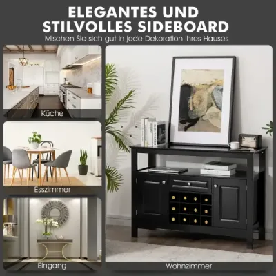Moderní jídelní bufet s regálem na víno, skříňkami a šuplíkem 117 x 40,5 x 82,5 cm černý