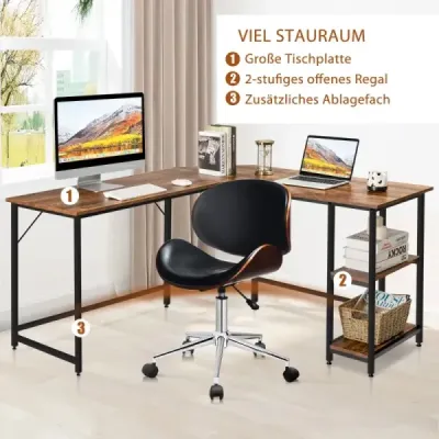 Psací stůl ve tvaru L pro domácí kancelář se 2 policemi 138 x 138 x 75,5 cm kávově hnědý + černý
