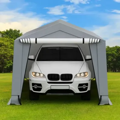 Garážový stan 290 x 490 cm Velký přístřešek na auto stan Garáž s dveřmi Přístřešek pro SUV Loď Šedá