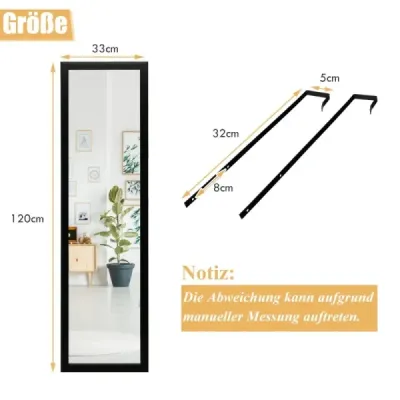 Obdélníkové zrcadlo s háčky na zavěšení na dveře 33x119cm černé
