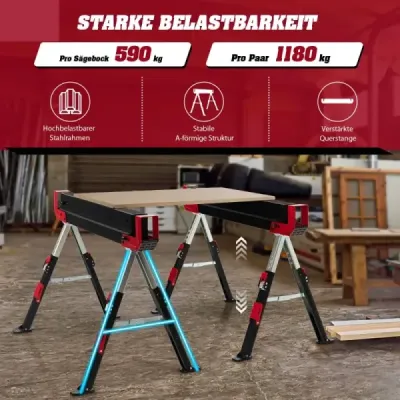 Sklápěcí pilový kůň v balení 2 ks z oceli s 2 x 4 opěrnými rameny 61,5-82,7 cm s nastavitelnou výškou