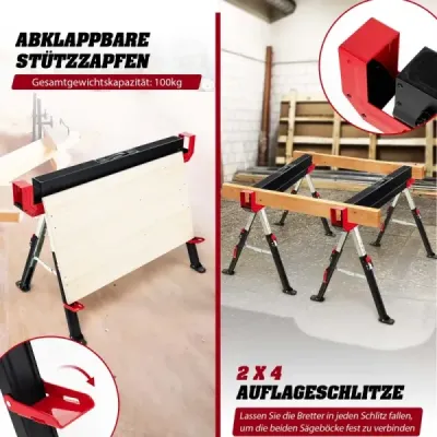 Sklápěcí pilový kůň v balení 2 ks z oceli s 2 x 4 opěrnými rameny 61,5-82,7 cm s nastavitelnou výškou