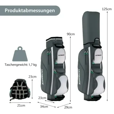 Lehká golfová taška se 14 přepážkami a ramenním popruhem a 7 kapsami na zip šedá
