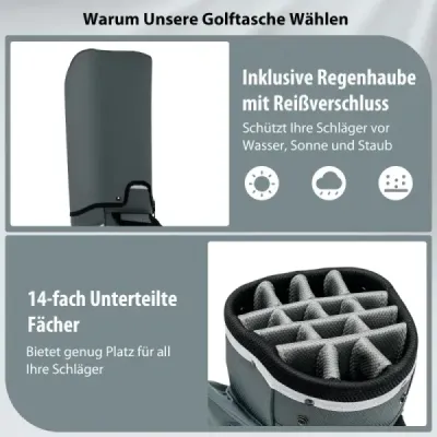 Lehká golfová taška se 14 přepážkami a ramenním popruhem a 7 kapsami na zip šedá
