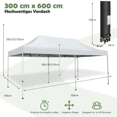 Velký vyskakovací stan s baldachýnem 600 x 300 cm Okamžitá ochrana před sluncem s kolečky