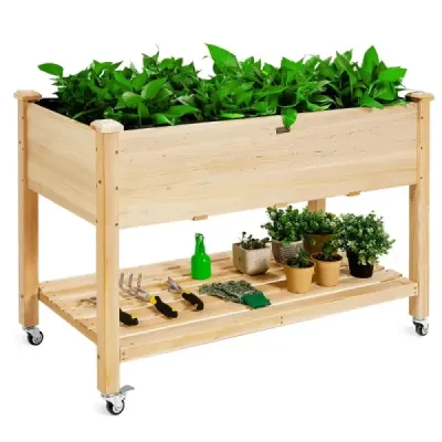 Vyvýšený zahradní záhon Dřevěný box na sázení s uzamykatelnými kolečky 120 x 59 x 84 cm Přírodní