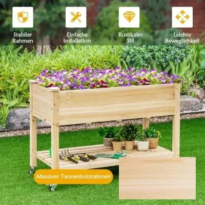 Vyvýšený zahradní záhon Dřevěný box na sázení s uzamykatelnými kolečky 120 x 59 x 84 cm Přírodní