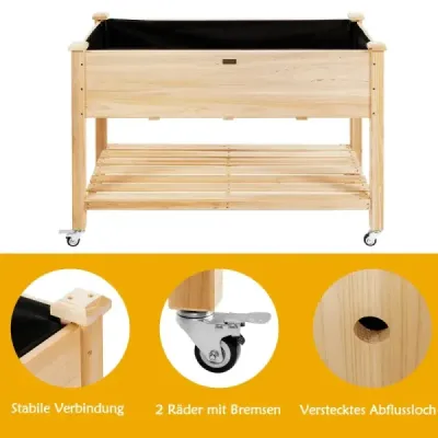 Vyvýšený zahradní záhon Dřevěný box na sázení s uzamykatelnými kolečky 120 x 59 x 84 cm Přírodní