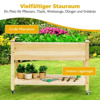 Vyvýšený zahradní záhon Dřevěný box na sázení s uzamykatelnými kolečky 120 x 59 x 84 cm Přírodní