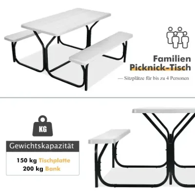 Pivní stanový set piknikový stůl a 2 lavice s kovovým rámem bílý