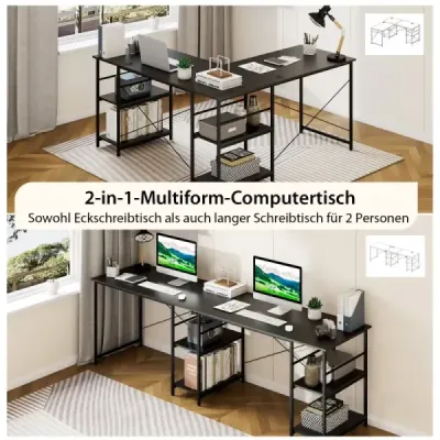 Stůl Oboustranný rohový stůl ve tvaru L se 4 policemi 151 x 151 x 75 cm Černá Stůl Oboustranný rohový stůl ve tvaru L se 4 policemi 151 x 151 x 75 cm Černá