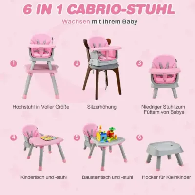 Dětská vysoká židle 6 v 1 Vysoká židle a jídelní židle a stůl pro učení a stůl se stavebnicemi 58 x 58 x 98 cm Růžová
