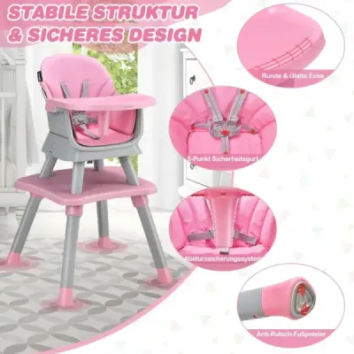 Dětská vysoká židle 6 v 1 Vysoká židle a jídelní židle a stůl pro učení a stůl se stavebnicemi 58 x 58 x 98 cm Růžová