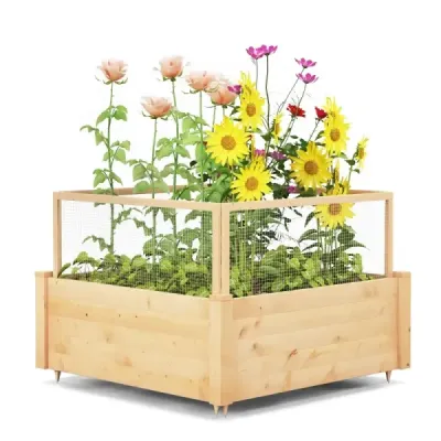 Vyvýšený záhon s ohrádkou Dřevěný box na sázení se čtyřstrannou ochrannou ohrádkou a roštem na rostliny 107 x 107 x 70 cm