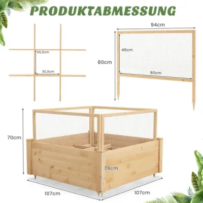 Vyvýšený záhon s ohrádkou Dřevěný box na sázení se čtyřstrannou ochrannou ohrádkou a roštem na rostliny 107 x 107 x 70 cm