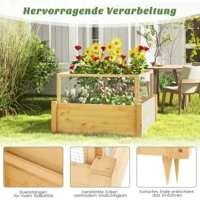 Vyvýšený záhon s ohrádkou Dřevěný box na sázení se čtyřstrannou ochrannou ohrádkou a roštem na rostliny 107 x 107 x 70 cm